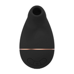 Sort, dråpeformet sugevibrator i medisinsk silikon med rosegull stripe og knapper.