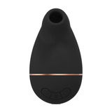 Sort, dråpeformet sugevibrator i medisinsk silikon med rosegull stripe og knapper.