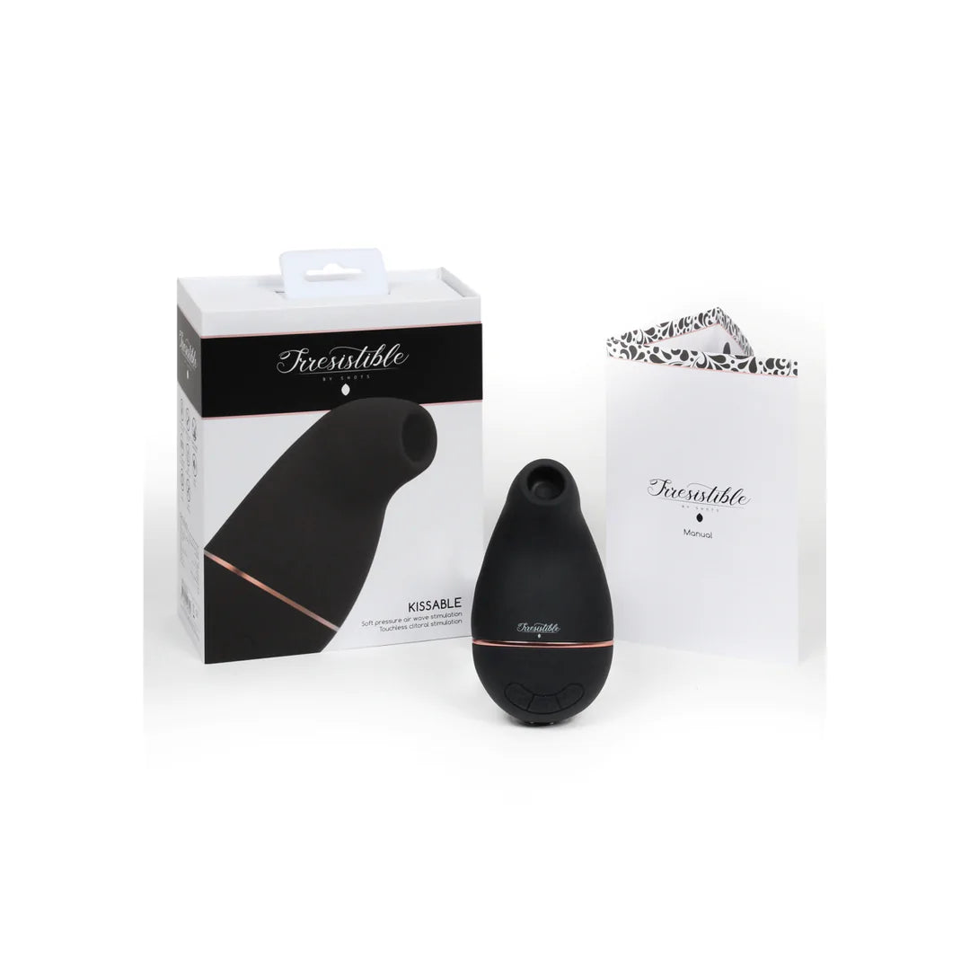 Sort, matt silikon Kissable sugevibrator med rosegull detaljer, eske og manual.
