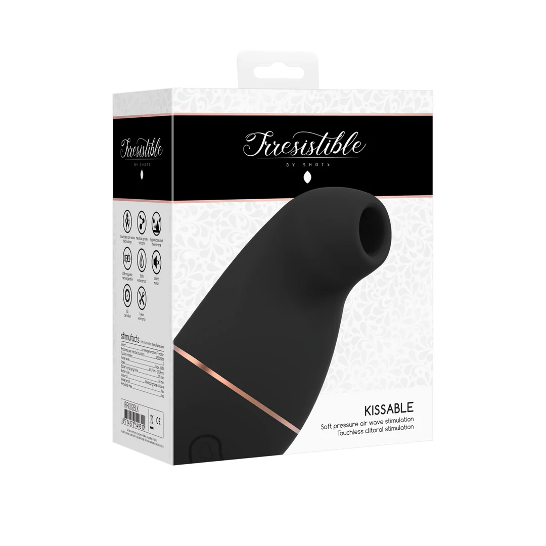 Sort Kissable sugevibrator i medisinsk silikon med rosegull-detaljer, i hvit produktemballasje.