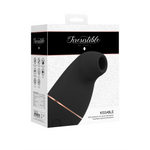 Sort Kissable sugevibrator i medisinsk silikon med rosegull-detaljer, i hvit produktemballasje.