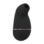 Sort, ergonomisk sugevibrator i medisinsk silikon med rosegull detaljer og kontrollknapper.
