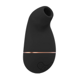 Sort, ergonomisk sugevibrator i medisinsk silikon med rosegull detaljer og kontrollknapper.