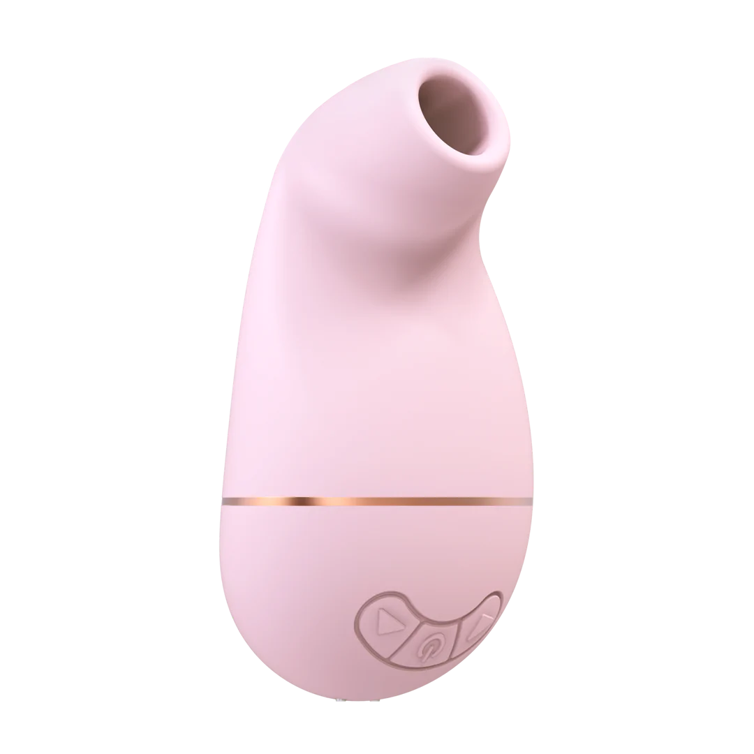 Lys rosa silikon sugevibrator med gullfarget detalj og kontrollknapper.