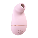 Lys rosa silikon sugevibrator med gullfarget detalj og kontrollknapper.