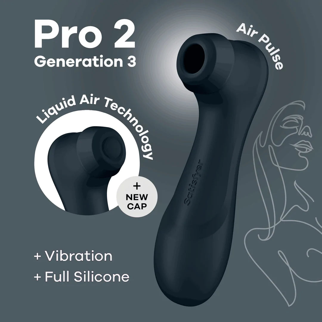 Svart Satisfyer Pro 2 Generation 3 luftpulsvibrator i silikon med Liquid Air teknologi og ny hette.