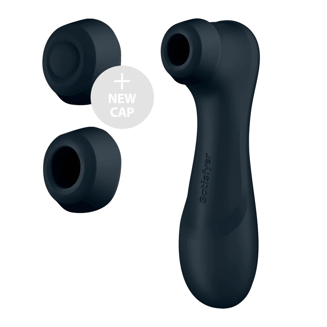 Svart Satisfyer Pro 2 Gen 3 luftpulsvibrator med ergonomisk design og to utskiftbare silikonhetter.