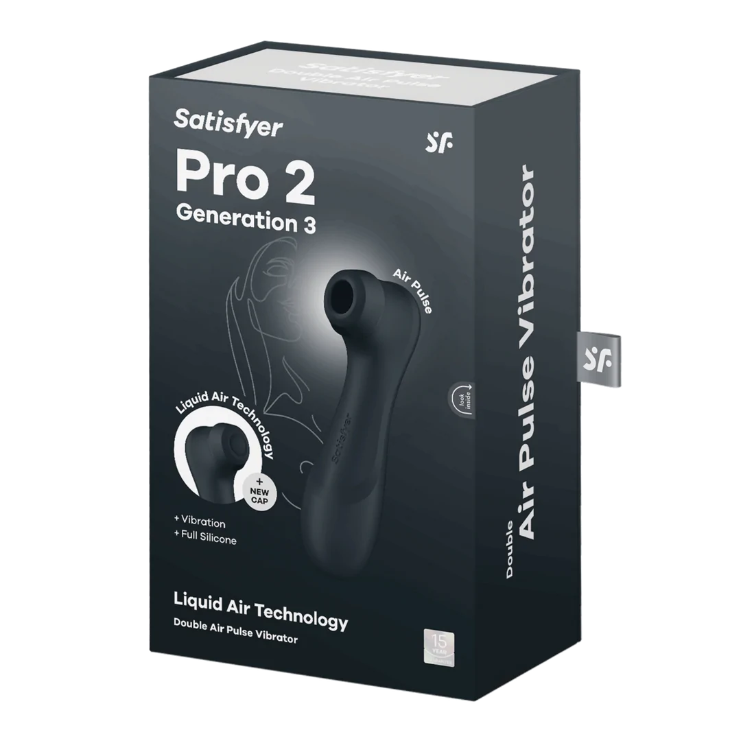 Svart Satisfyer Pro 2 Generation 3 luftpulsvibrator i eske, med Liquid Air Technology.