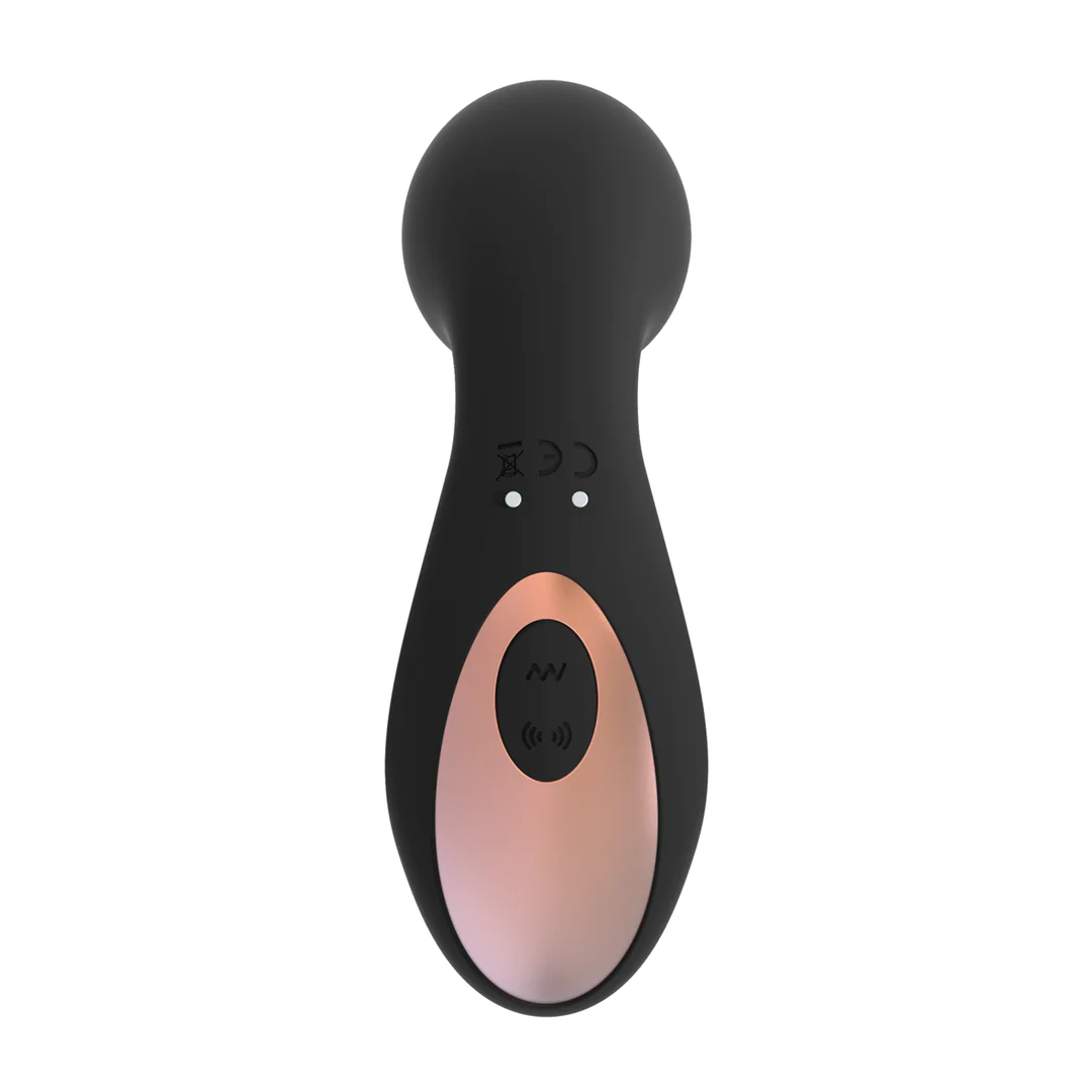 Svart silikon Air Pulse vibrator med G-punktstimulering og rosegull kontrollpanel.