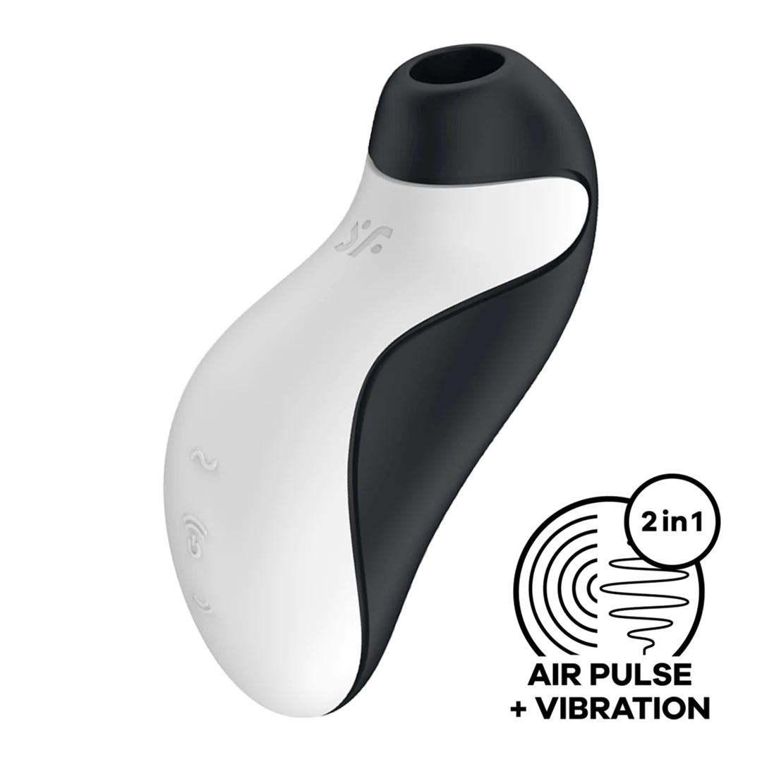 Satisfyer Orca svart og hvit lufttrykkstimulator med vibrasjon, ergonomisk design.