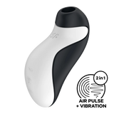 Satisfyer Orca svart og hvit lufttrykkstimulator med vibrasjon, ergonomisk design.