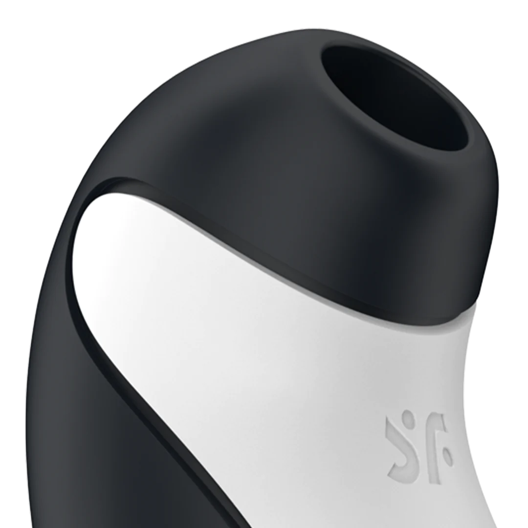 Satisfyer Orca svart og hvit lufttrykkstimulator med vibrasjon, myk silikon.