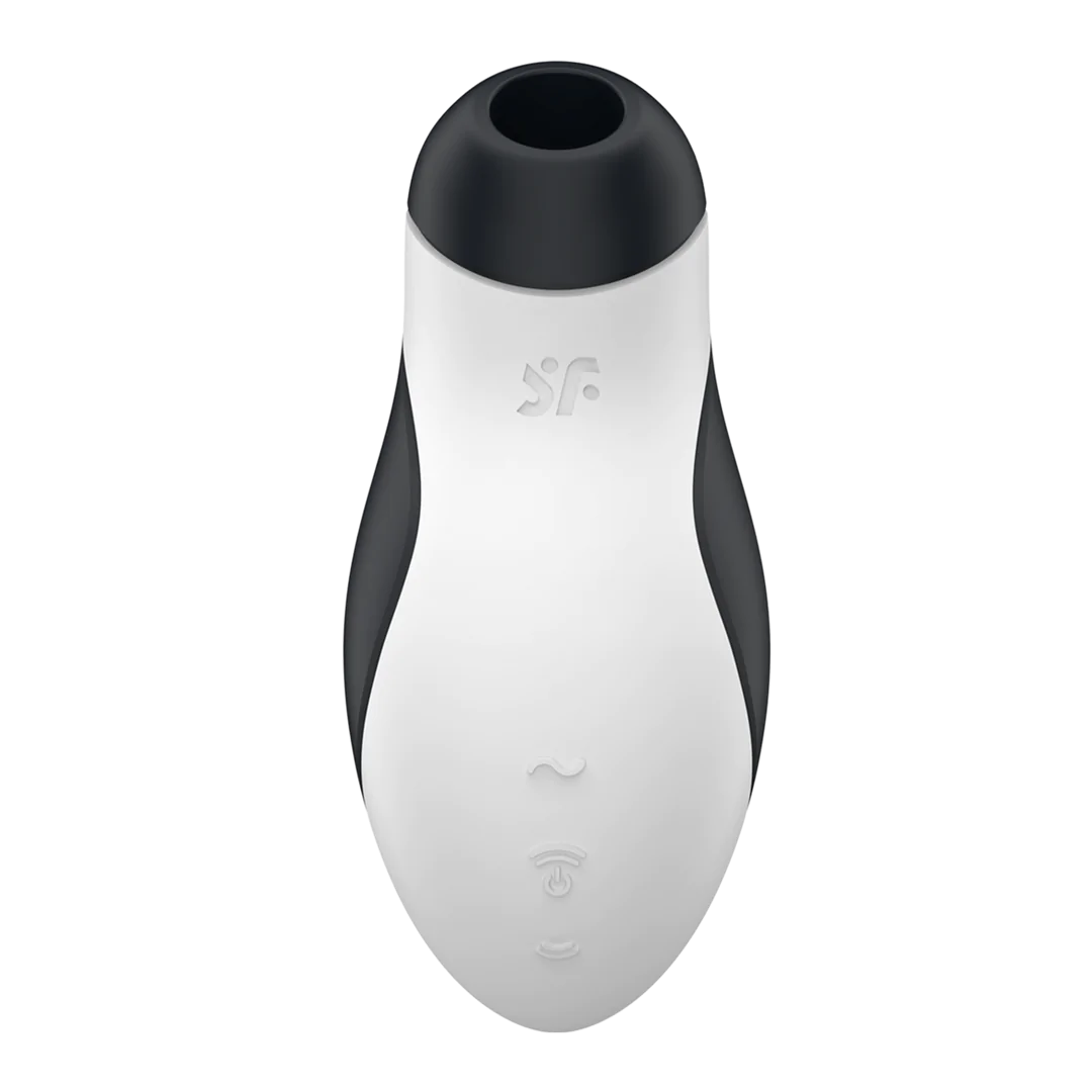 Satisfyer Orca svart og hvit lufttrykkstimulator med vibrasjon, glatt silikonoverflate.