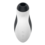 Satisfyer Orca svart og hvit lufttrykkstimulator med vibrasjon, glatt silikonoverflate.