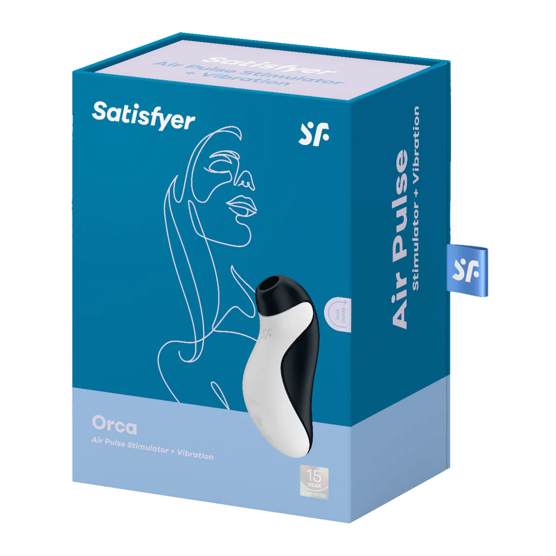 Satisfyer Orca lufttrykkstimulator i svart og hvitt, med blå emballasje og Pleasure Air-teknologi.
