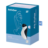 Satisfyer Orca lufttrykkstimulator i svart og hvitt, med blå emballasje og Pleasure Air-teknologi.