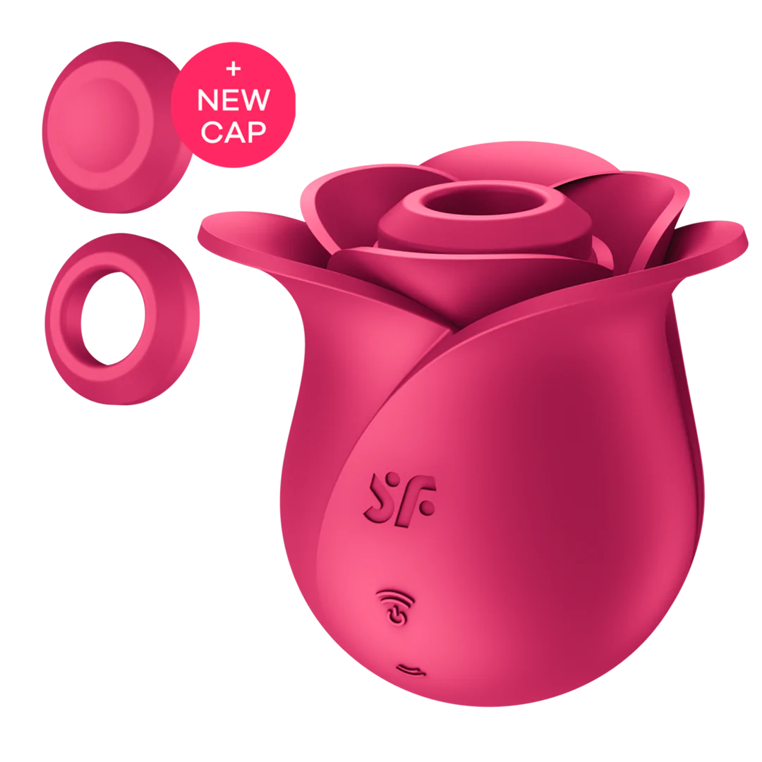Satisfyer Pro 2 Modern Rose lufttrykksvibrator i mørk rosa silikon, med to utskiftbare hetter.