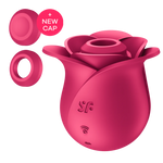 Satisfyer Pro 2 Modern Rose lufttrykksvibrator i mørk rosa silikon, med to utskiftbare hetter.