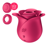 Satisfyer Pro 2 Modern Rose lufttrykksvibrator i mørk rosa silikon, med to utskiftbare hetter.