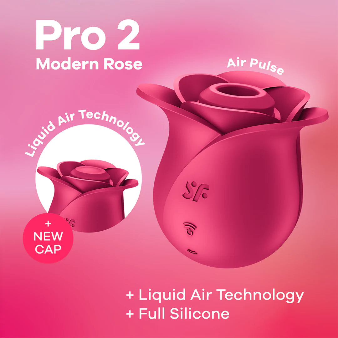 Satisfyer Pro 2 Modern Rose lufttrykksvibrator i mørk rosa silikon, med roseformet design og to hetter.