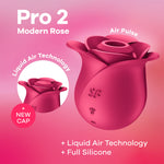Satisfyer Pro 2 Modern Rose lufttrykksvibrator i mørk rosa silikon, med roseformet design og to hetter.