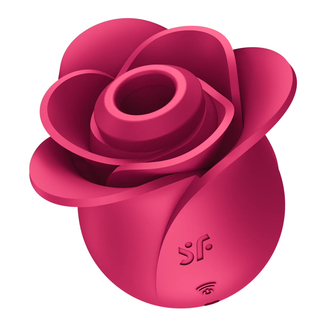 Satisfyer Pro 2 Modern Rose lufttrykksvibrator i mørk rosa silikon, formet som en rose.