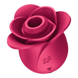 Satisfyer Pro 2 Modern Rose lufttrykksvibrator i mørk rosa silikon, formet som en rose.