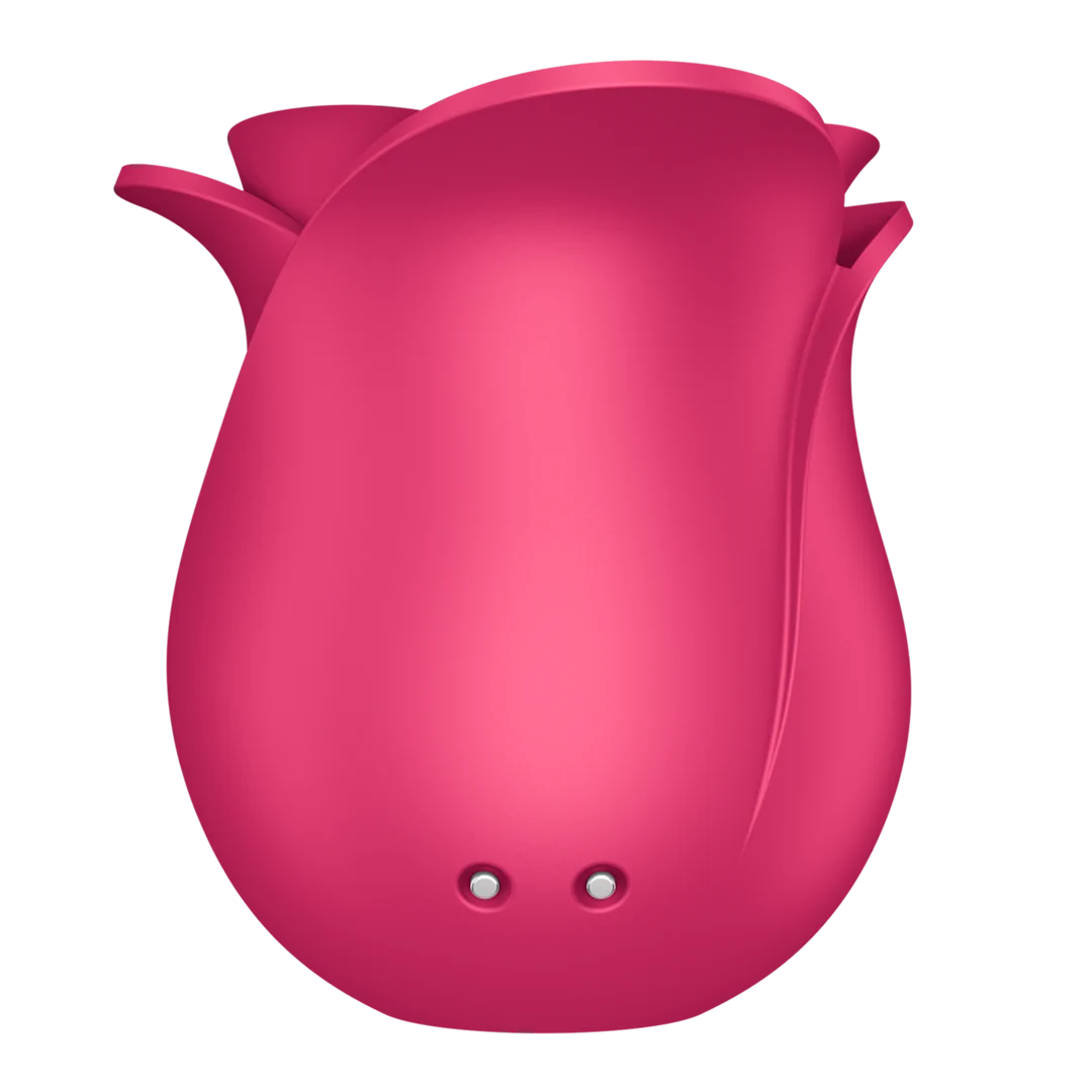 Satisfyer Pro 2 Modern Rose lufttrykksvibrator i mørk rosa, formet som en blomst med to sølvknapper.