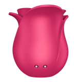 Satisfyer Pro 2 Modern Rose lufttrykksvibrator i mørk rosa, formet som en blomst med to sølvknapper.