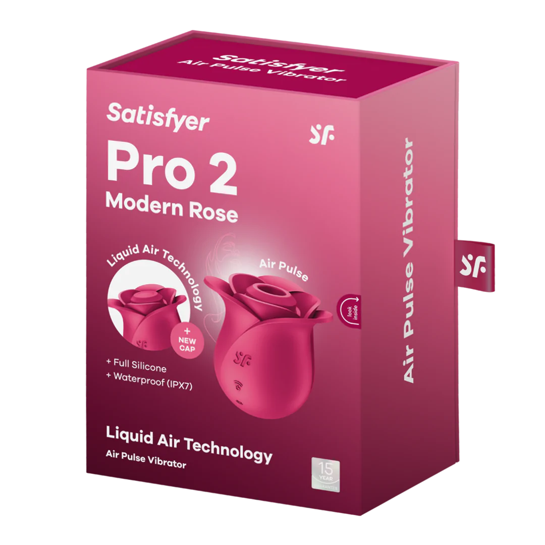 Satisfyer Pro 2 Modern Rose lufttrykksvibrator i mørk rosa eske med roseformet produktbilde.
