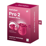 Satisfyer Pro 2 Modern Rose lufttrykksvibrator i mørk rosa eske med roseformet produktbilde.