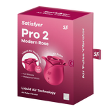 Satisfyer Pro 2 Modern Rose lufttrykksvibrator i mørk rosa eske med roseformet produktbilde.