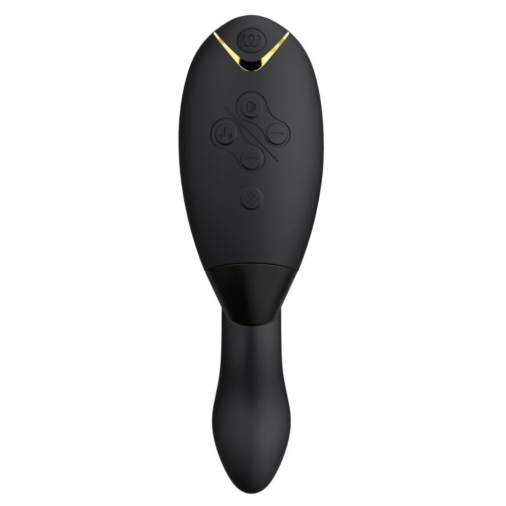 Womanizer DUO 2 sort klitoris- og G-punktstimulator med gullfarget topp og kontrollknapper.