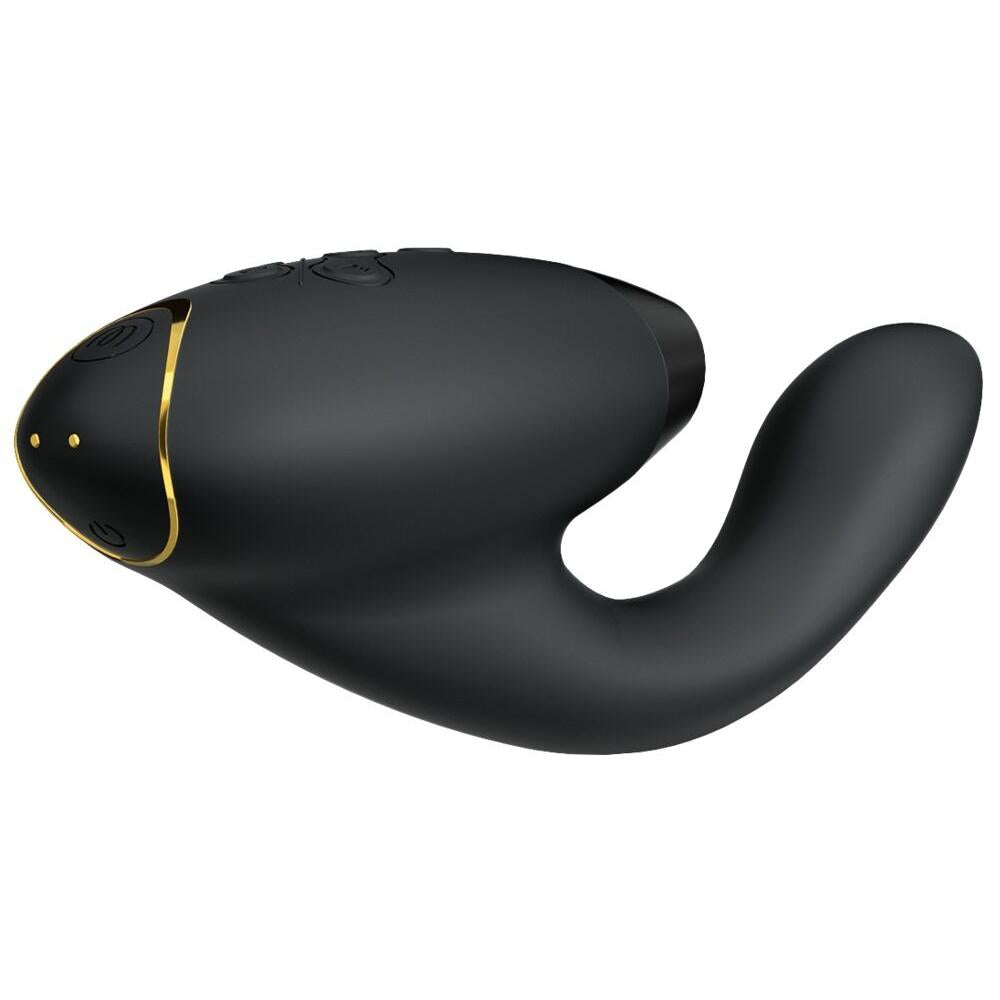 Womanizer DUO 2 sort klitoris- og G-punktstimulator med gullfarget detaljer og buet arm.
