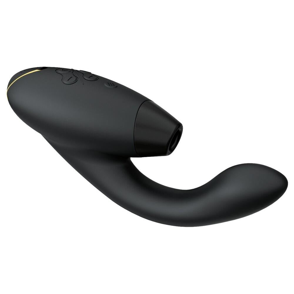 Womanizer Duo 2 svart klitoris- og G-punktstimulator med gullkant og kontrollknapper.