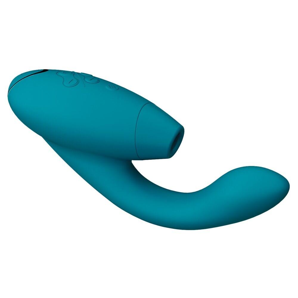 Womanizer Duo 2 rabbitvibrator i dypgrønn silikon, med klitorisstimulator og buet G-punktarm.
