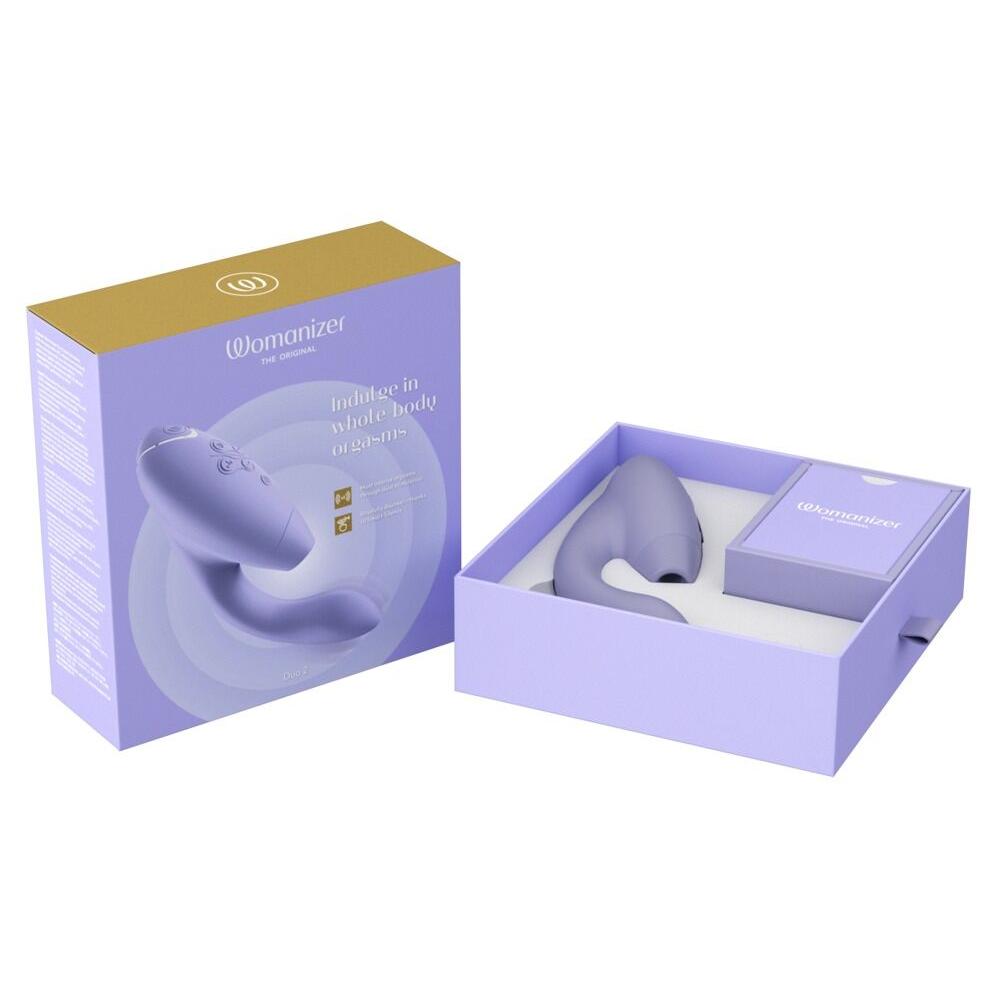 Womanizer DUO 2 lilla rabbitvibrator i åpen eske, med Pleasure Air-teknologi og G-punktstimulering.