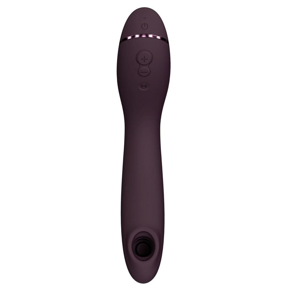 Womanizer OG G-punktvibrator i burgunderrød silikon med Pleasure Air-teknologi og kontrollknapper.