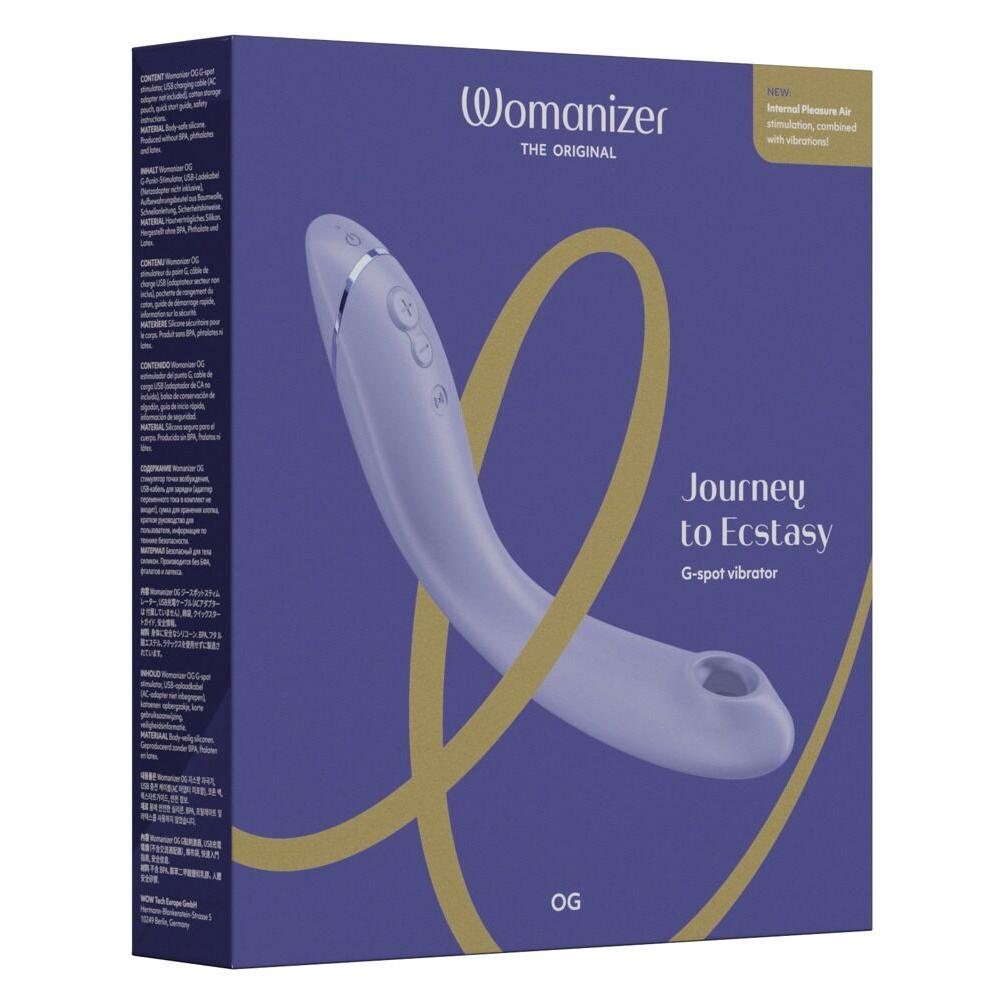 Womanizer OG G-punktvibrator i lilla silikon, med Pleasure Air-teknologi og kontrollknapper, presentert i esken.