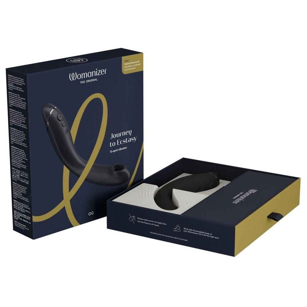 Womanizer OG sort G-punkt vibrator og emballasje med gullgrafikk.