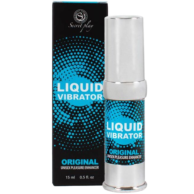Secret Play Liquid Vibrator, en 15 ml sølvfarget flaske med svart og blå etikett, ved siden av matchende eske.
