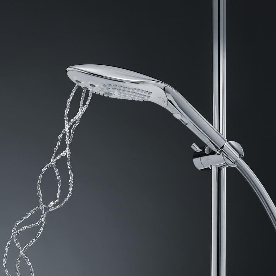 Womanizer Wave sølv dusjhode med PleasureJet-teknologi, elegant design, og vannstråler.
