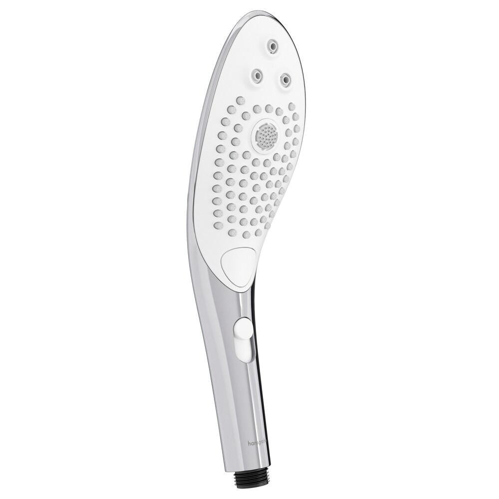 Womanizer Wave dusjhode i sølv med hvitt strålepanel, ergonomisk design og justerbar glidebryter.