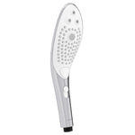 Womanizer Wave dusjhode i sølv med hvitt strålepanel, ergonomisk design og justerbar glidebryter.