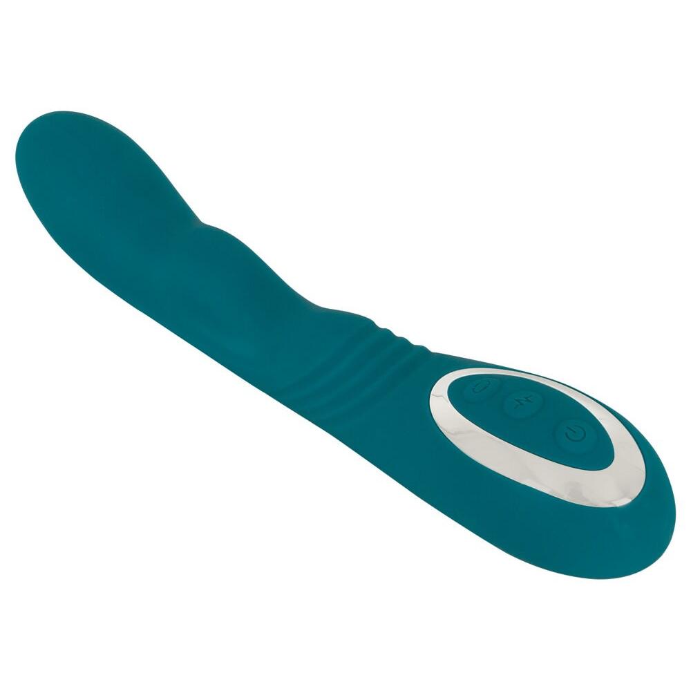 Turkis silikon G-punkt vibrator med roterende spiss og kontrollpanel.