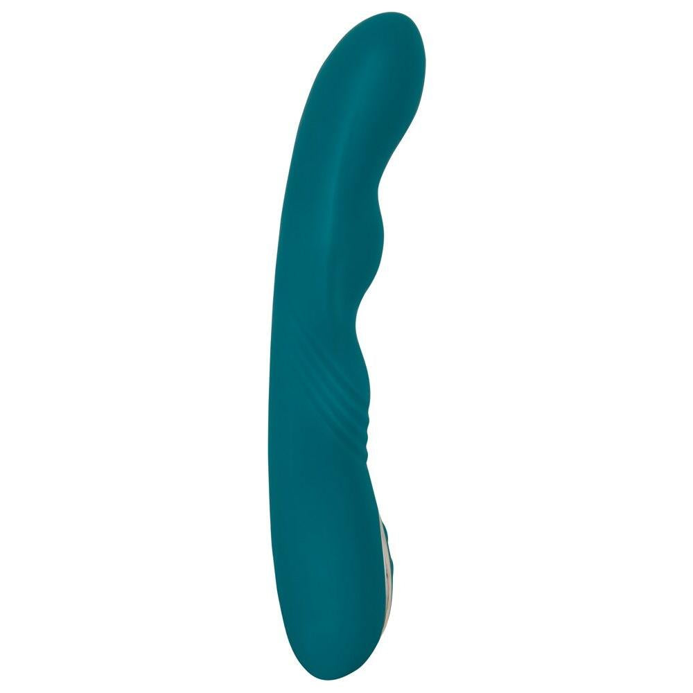 Turkis silikon G-punkt vibrator med buet design og roterende spiss.