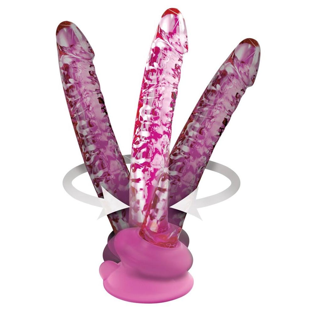 Håndlaget glassdildo med rosa og hvit virveldesign, buet form, og avtakbar rosa sugekopp.