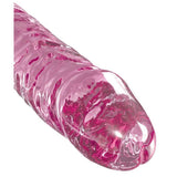 Eksklusiv rosa glassdildo med buet design og strukturert overflate for temperaturlek.