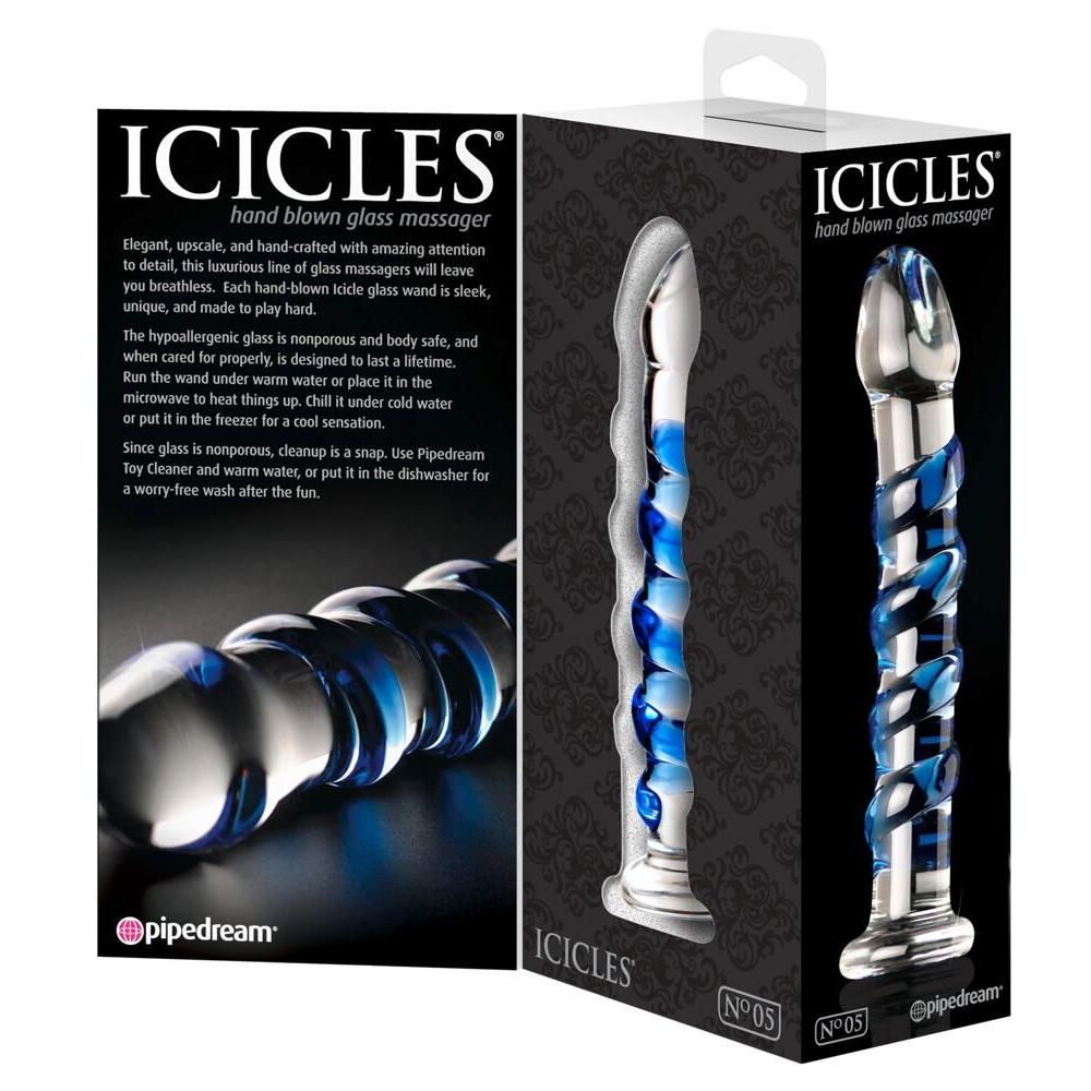 Håndlaget glassdildo med klar spiss og blå spiralstruktur, vist i emballasje.