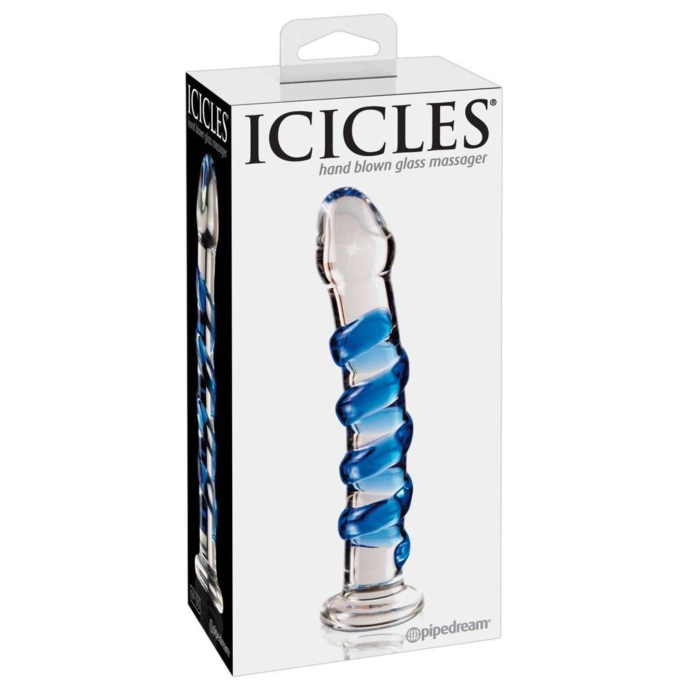 Icicles No. 5 håndblåst glassdildo med klar kropp og blå spiralstruktur, i hvit eske.